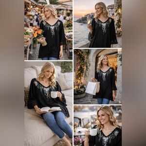 S.R. Fashion tunic/dress off white embroidery,  black fabric, bell sleeve 🖤